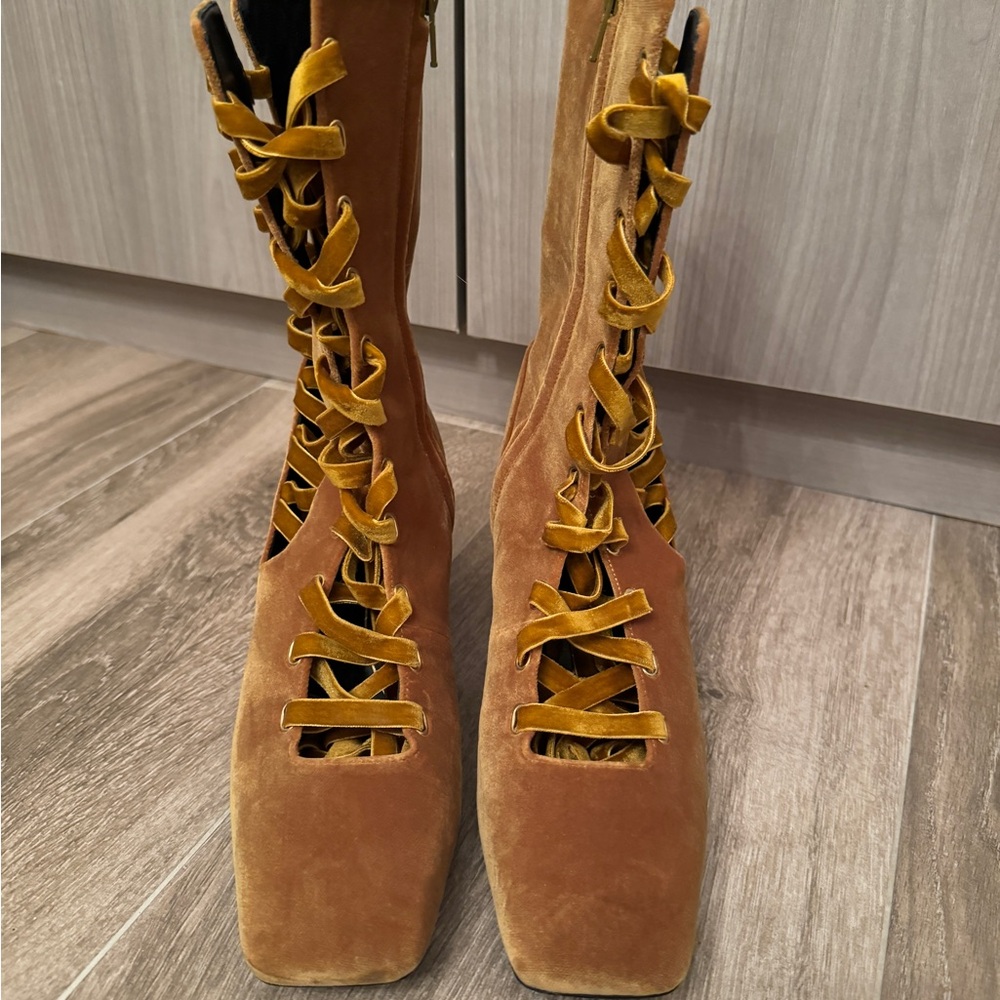 Brown Velvet Lace-Up Women's Boots
